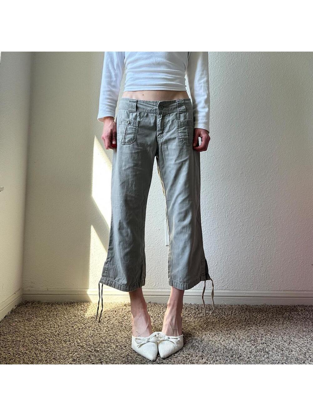 y2k The Northface low rise wide leg flare olive green khaki cargo chino capris
